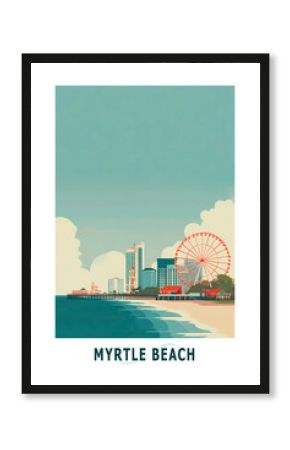 Myrtle Beach, South Carolina USA illustrated poster in retro style. Vintage travel booklet, brochure, postcard, print, cover with skyline