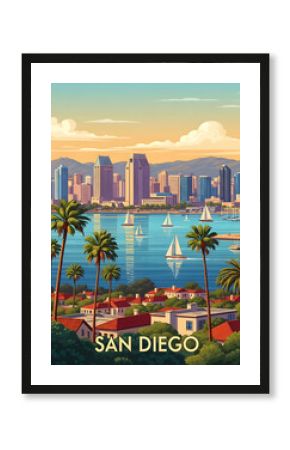 San Diego Skyline: A Vintage Poster-Style View of the City by the Bay.