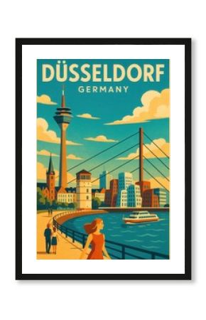 Retro travel poster of Düsseldorf Germany with Rheinturm tower, cable stayed bridge, Rhine river promenade, modern skyline and strolling people beneath blue sky rendered in bold mid century style
