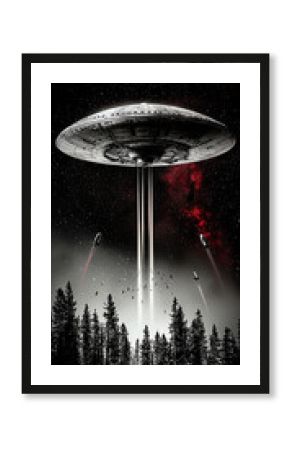 A massive UFO mothership initiates a mass abduction over a forest at night, in a retro science fiction horror poster style.