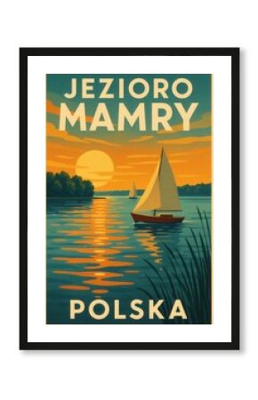 Sunset scene of Mamry Lake in Poland with sailboats on reflective water, orange and teal sky and silhouettes of trees in retro travel art style