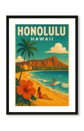 Vintage style poster of Honolulu Hawaii featuring surfers and beachgoers along a tropical shoreline with palm trees and Diamond Head mountain under sunny skies