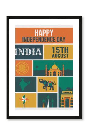 A retro-style collage for India's Independence Day featuring iconic symbols like the Taj Mahal, India Gate, elephant, map, Ashoka Chakra, and "HAPPY INDEPENDENCE DAY INDIA 15th AUGUST" text.