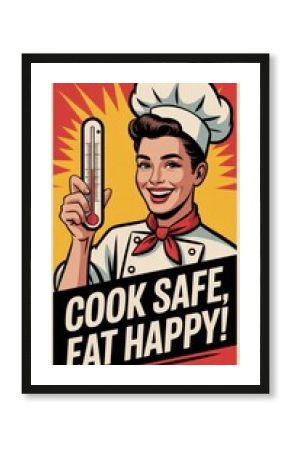 Cook safe, eat happy with a vintage kitchen poster promoting food safety through a smiling chef holding a thermometer. National Food Safety Education Month