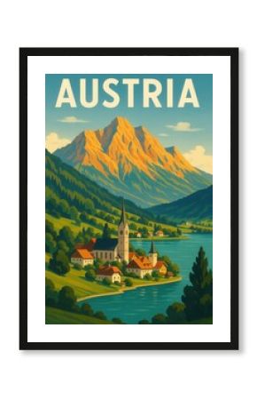 Artistic poster of Austria with a peaceful lakeside village, tall church towers, red-roof houses and rugged mountains rising behind under a bright blue sky