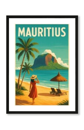 A woman in a red dress and hat walks along a sandy beach in Mauritius with palm trees, lounge chairs, and a volcanic mountain rising in the distance across the sea