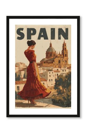 Vintage Spain Travel Poster With Flamenco And Seville Architecture In Faded Mediterranean Retro Illustration Style