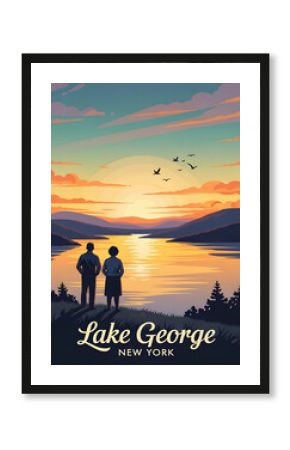 Vintage travel poster of lake george new york at sunset