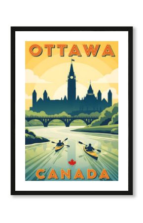 Retro travel poster of ottawa canada with parliament hill and kayakers on the river