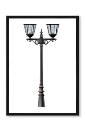 Vintage street lamp outdoor lighting classic black metal post double lantern decorative element urban design nostalgic ambiance isolated on transparency background