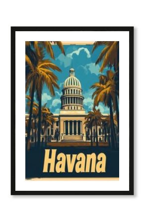 This retro travel poster captures the essence of Havana, showcasing its stunning architecture and palm-lined streets, inviting exploration and adventure in a timeless setting.