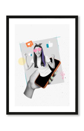 Vertical collage young woman blogger social media network smartphone touchscreen smm targetologist influence like followers popularity