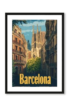 This retro travel poster captures Barcelonas unique charm, showcasing the Sagrada Familia amidst vibrant city life and stunning architecture.