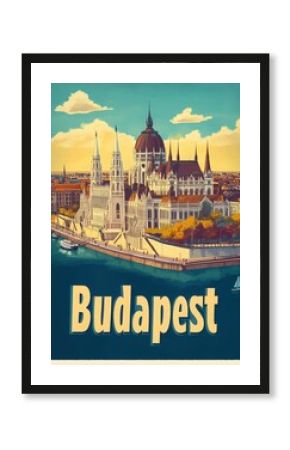 This retro travel poster highlights Budapests magnificent skyline, featuring its famous architecture along the river. Experience the charm of this vibrant city.