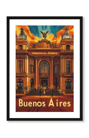 This retro travel poster captures the essence of Buenos Aires, highlighting its grand architecture and lively atmosphere, inviting travelers to experience the citys rich culture.