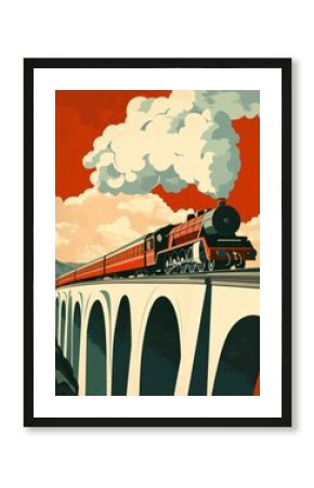 Vintage Tourist Poster of a Steam Train on a Viaduct - Minimalist Retro Style Travel Art