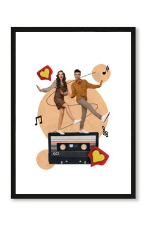 Creative picture photo sketch collage poster postcard of crazy carefree people have fun together good mood isolated on drawing background