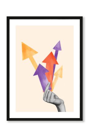 Vertical poster collage hand body fragment arrow indicator upwards achieve goal aim target increase growth drawing background