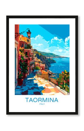 Taormina Italy Poster Illustration Travel Print Decor Gift Paper Canvas Wall Retro Art