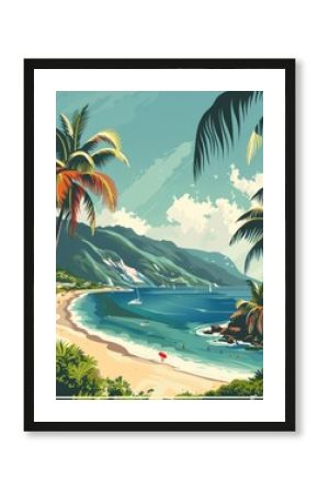 Tropical Beach Paradise:  A vibrant vintage travel poster illustration of a secluded tropical beach, palm trees, crystal-clear turquoise water, and majestic mountains in the background.