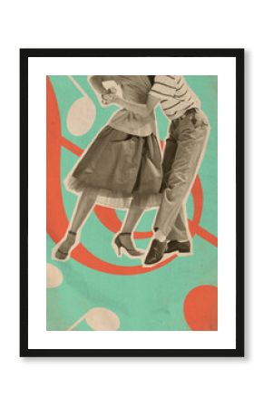 Retro dance couple in close-up of their feet, showcasing elegant dance moves. Timeless style adds flair to dynamic scene. Contemporary art collage. Concept of retro aesthetic, vintage dance, nostalgia