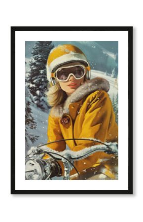 Winter sports and skiing in a winter resort. 60s and 70s style retro poster. Fashionable woman sitting on motorbike, apreski. Colorful winter holidays greeting card and banner. 