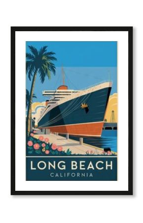 Vintage Travel Poster of Long Beach, California: Iconic Ocean Liner Docked Amid Palm Trees and Colorful Blooms, Evoking Nostalgic Coastal Adventures