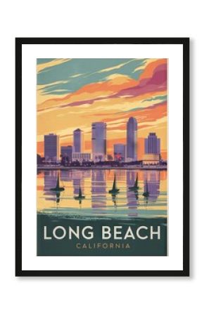Vintage Travel Poster of Long Beach, California: Colorful Sunset Over Skyline and Sailboats, Evoking Classic Americana and Coastal Charm