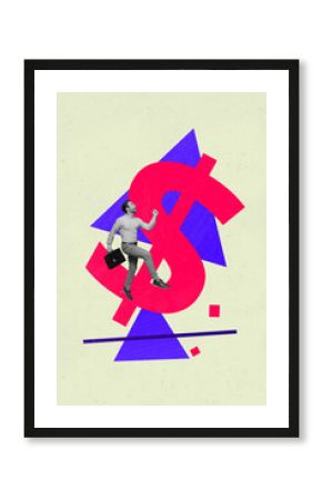 Vertical poster collage young man inspiration business entrepreneur dollar currency salary trader promotion investor diplomat suitcase