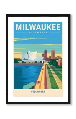 Vintage Travel Poster of Milwaukee, Wisconsin: Iconic City Skyline and Modern Architecture by the River, Evoking Nostalgic Charm and Adventure