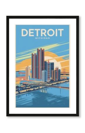 Vintage Travel Poster of Detroit, Michigan: A Retro-Inspired Artistic Depiction Featuring Iconic Skyscrapers and Vibrant Sunset Over the Water