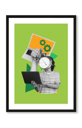 Vertical poster collage headless woman workaholic remote job freelancer alarm bell hour deadline timer cogwheel app setting efficiency