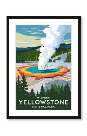 Vintage Travel Poster for Yellowstone National Park, Wyoming: A Retro Illustration Featuring Geysers, Vibrant Colors, and Scenic Nature Views