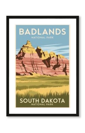 Vintage Travel Poster of Badlands National Park, South Dakota - Stunning Landscape, Retro Design, Iconic Rock Formations, Perfect for Travel Enthusiasts