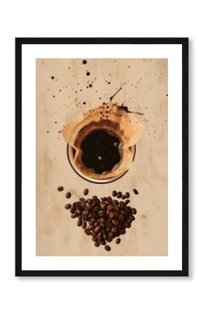 Coffee drink poster with Coffee Beans and Coffee Filter, Earthy and Warm Colors Minimalist design.