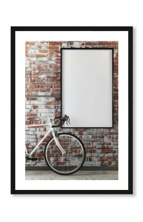 A vintage bicycle leaning against a white brick wall with a blank poster frame and a potted plant