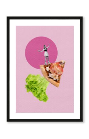 Vertical poster collage young woman roller skater pizza american fast food junk salad lettuce dieting calories nutrition drawing background