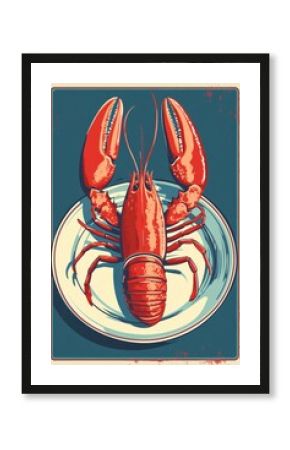 Retro lobster on plate with bold lines and red-blue color scheme