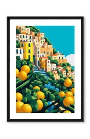 Italian Riviera, Mediterranean sea, summer, seaside town, holidays, travel, Ferragosto. Retro poster, postcard illustration, space for title or promo. 