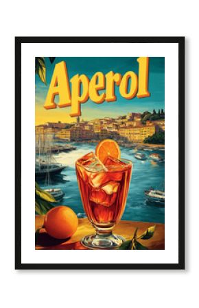 Vintage Aperol Poster: A Mediterranean Escape. Classic Aperol Advertisement with Italian Vibes. Retro Citrus Cocktail Art by the Sea. Aperol Harbor Illustration: Sunset Refreshment