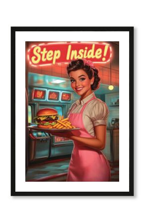 Illustration poster of a retro waitress serving a pate of burger and fries in a retro diner