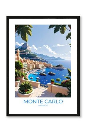 Monaco Monte Carlo Retro Travel Poster Illustration Eco Friendly Canvas Wall Art