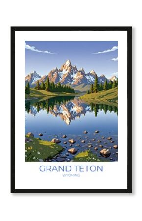 Grand Teton Eco Friendly Travel Poster Illustration Retro Wall Art Decor Gift