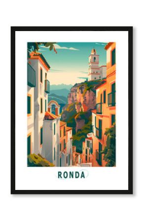 Ronda Spain town illustrated poster in retro style. Vintage travel booklet, brochure, postcard, print, cover with panoramic view, landscape, houses