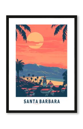 Santa Barbara USA, California state illustrated poster in retro style. Vintage travel booklet, postcard, print, cover with scenic skyline, coastline, palm trees