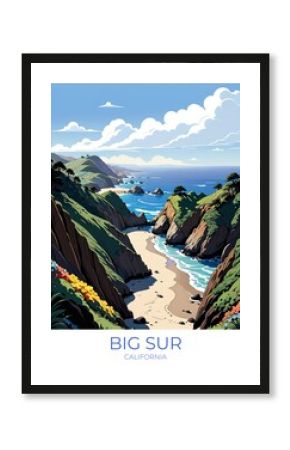 Big Sur California Eco Friendly Travel Poster Illustration Wall Art Decor