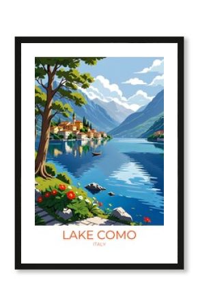 Lake Como Italy Eco Friendly Travel Print Retro Art Canvas Decor Gift Illustration