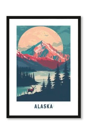 Alaska USA state illustrated poster in retro style. Vintage travel booklet, postcard, print, cover with scenic landscape of national park, valley, mountains