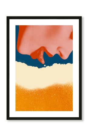 Artistic colorful design. Woman with tongue licking a beer foam against blue background. Halftone vintage poster art. Concept of beer, party, celebration, festival, enjoyment
