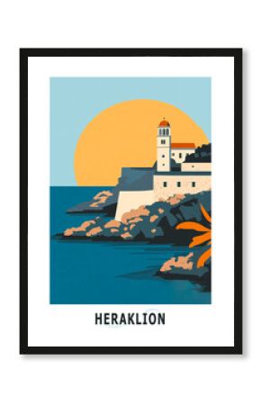 Heraklion Crete illustrated poster in retro style. Vintage Greece travel booklet, postcard, print, cover with scenic coastline